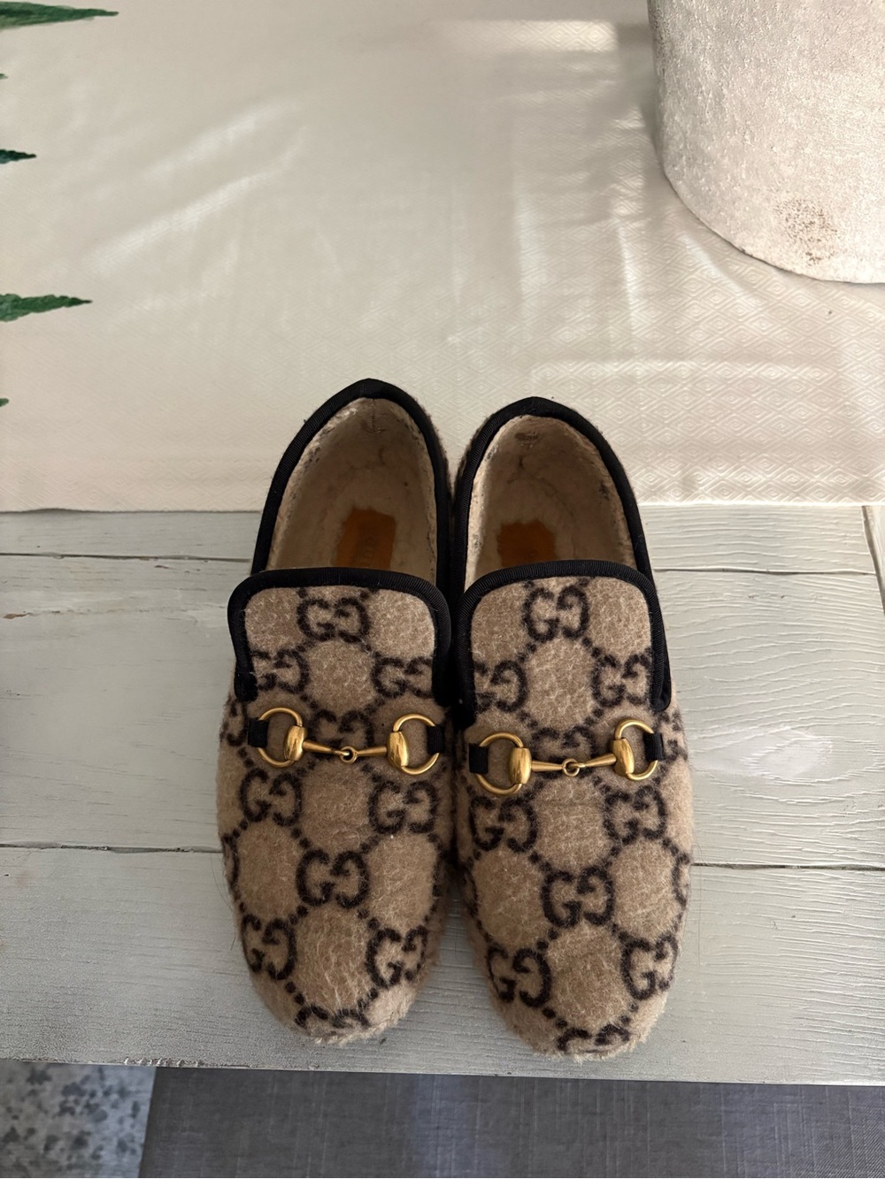 Gucci Beige & Black GG Wool Horsebit Loafers